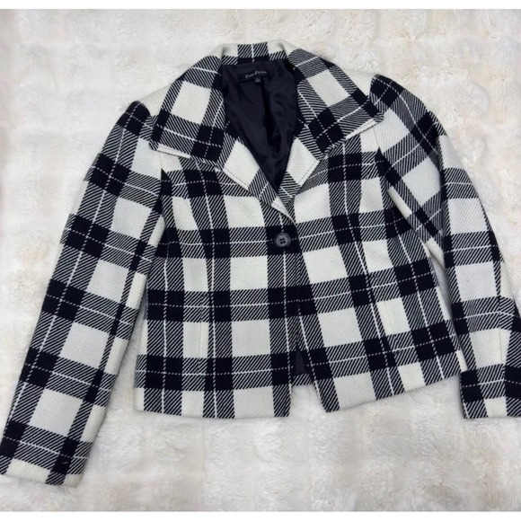 Evan-Picone Jackets & Blazers - Evan-Picone Womens Black White Plaid Wool Blend Blazer Jacket Size 6